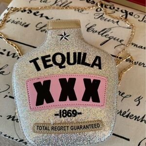 Tequila Bottle Shaped Sparkly Shoulder Handbag Crossbody Purse with Gold Strap